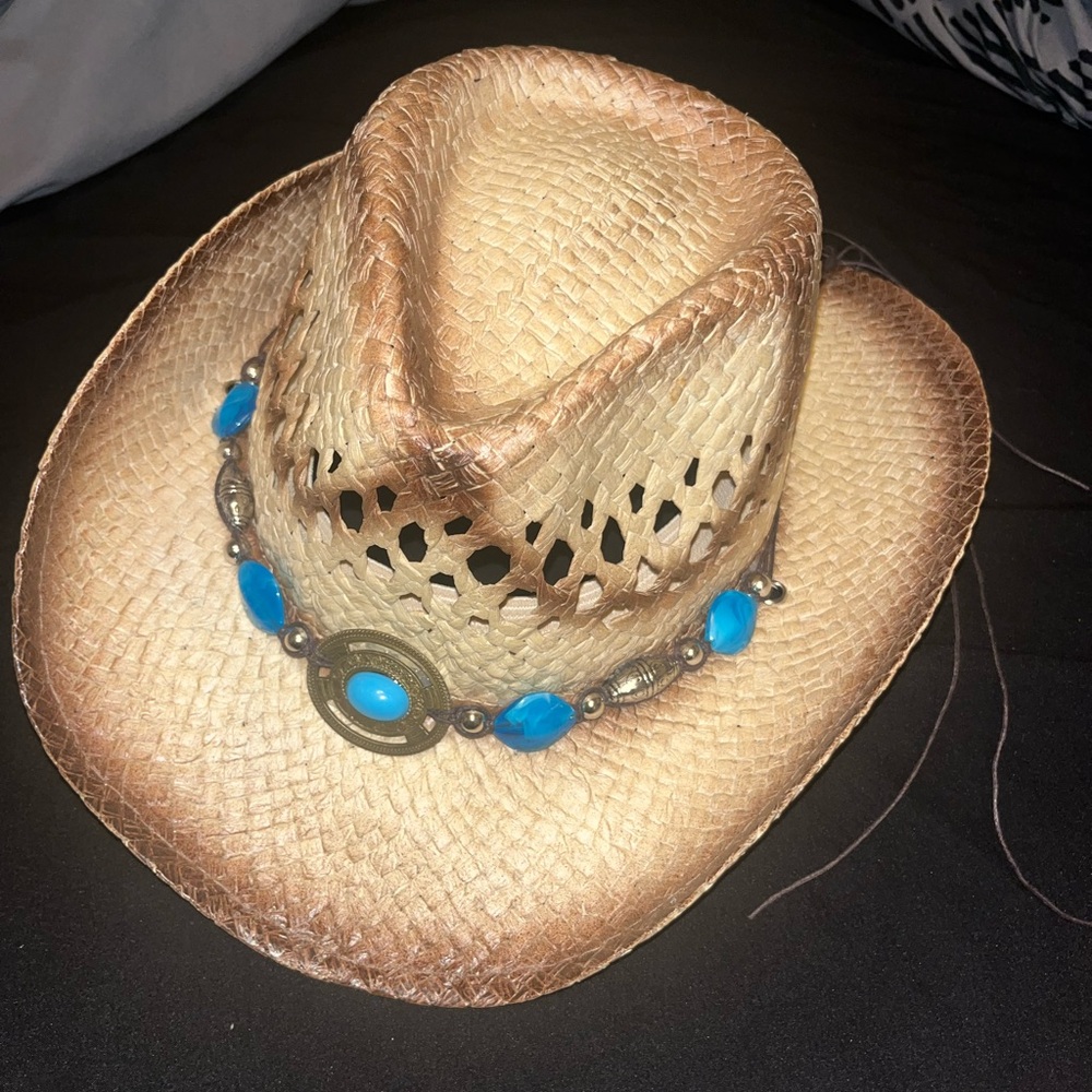Kids Straw Cowboy Hat with Blue Beaded Band